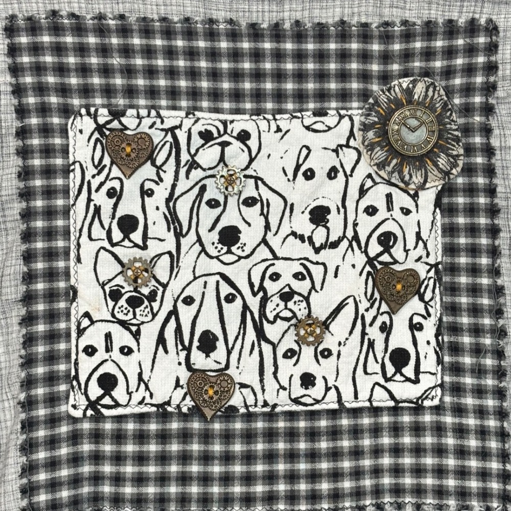 St. Johns Bay Button Down Shirt Womens XL Grey Dog Patch Steampunk Upcycled